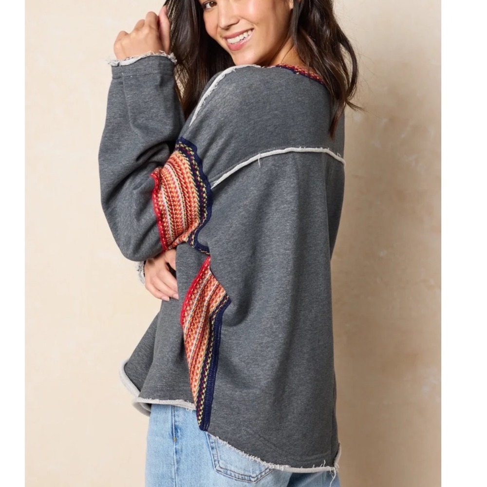 Natural Life Gray Knit Trim Sweater SM Boho oversized cozy Pullover cotton blend - Picture 10 of 11